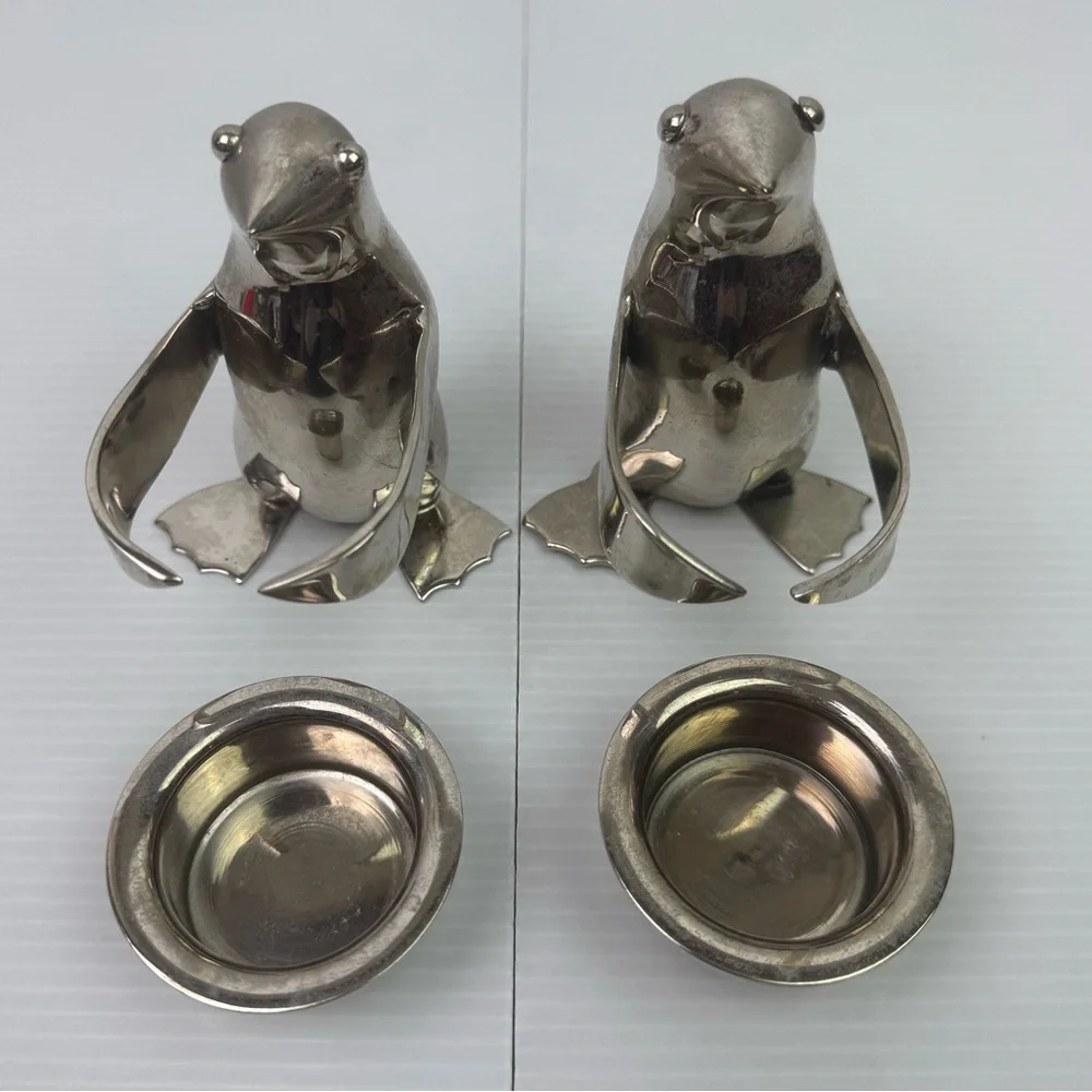 Pair2 Restoration Hardware Silver Plate Penguin Butler Sauce Dish Candle Holder
